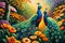 A Stunning Oil Painting Of Peacocks Surrounded By A Vibrant Bouquet Of Flowers. The Colors Are Bold, Striking, And . Generative AI