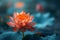 Stunning orange lotus flower in full bloom, with a fiery glow, sits prominently against a dreamy blue pond with soft focus on the