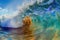 A stunning painting capturing the magnificence and strength of a massive wave in the ocean, A breaking wave in vibrant colors, AI
