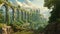 A stunning painting capturing a majestic mountain landscape adorned with beautiful arches, An ancient aqueduct in a lush landscape