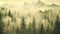 A stunning painting depicting a serene forest with majestic mountains in the distant backdrop., Misty landscape with fir forest in