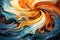 A stunning painting showcasing a vibrant wave of various colors of paint, Picture a vivid whirlpool of orange and blue shades, AI