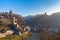 Stunning panorama view of Bern Bridge, Bern Gate, Gotteron Bridge with river, Sarine river flowing in the valley on a sunny winter