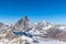 Stunning panorama view of famous Matterhorn, Weisshorn and Pennine Alps on Swiss Italien border on sunny autumn day with snow and