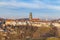 Stunning panorama view of Fribourg Freiburg old town skyline with Fribourg Cathedral in middle from Chapelle St. Jost on sunny