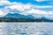 Stunning panorama view of the Lake Lucerne Vierwaldstaettersee with Mount Rigi massif and Swiss Alps in background on a sunny