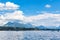 Stunning panorama view of the Lake Lucerne Vierwaldstaettersee with Mount Rigi massif and Swiss Alps in background on a sunny