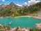 Stunning panorama view of reservoir lake Lago del Zott, near Lago di Robiei, Swiss Alps mountains in Canton of Ticino on summer su