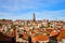 Stunning panoramic aerial view of traditional historic buildings in Porto. Vintage houses with red tile roofs. Famous touristic