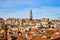 Stunning panoramic aerial view of traditional historic buildings in Porto. Vintage houses with red tile roofs. Famous touristic