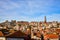 Stunning panoramic aerial view of traditional historic buildings in Porto. Vintage houses with red tile roofs. Famous touristic