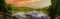 A stunning panoramic shot of the vast lake water with lush green trees and plants reflecting off the lake with powerful clouds