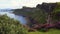 Stunning panoramic view of the Kilt Rocks cliffs on the Isle of Skye. In the foreground are the typical pink heathers