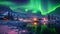 A stunning photo captures the captivating sight of an aurora borealis illuminating a small town and lake, The northern lights