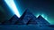 A stunning photo capturing a group of pyramids surrounded by snow, illuminated by the mesmerizing glow of the aurora lights,