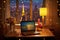 Stunning Photography of Laptop Near Table Lamp, Roses Vase on Desk and Lights Effect Interior Background. Generative AI