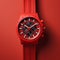 Stunning Photorealistic Red Watch On Swiss Style Background