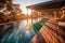 Stunning pool retreat with a wooden decking and built-in sun shelf, creating a tranquil and shallow area for relaxation and