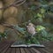 Stunning portrait of female Chaffinch Fringilla Coelebs in tree in woodland coming out of pages of open story book