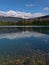 Stunning portrait view of beautiful Lake Beauvert in Jasper, Alberta, Canada in the Rocky Mountains.