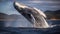 A stunning poster depicting a humpback whale in its natural environment. Huge jump of a humpback whale. Generative AI