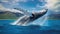 A stunning poster depicting a humpback whale in its natural environment. Huge jump of a humpback whale. Generative AI