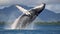 A stunning poster depicting a humpback whale in its natural environment. Huge jump of a humpback whale. Generative AI