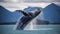 A stunning poster depicting a humpback whale in its natural environment. Huge jump of a humpback whale. Generative AI