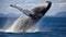 A stunning poster depicting a humpback whale in its natural environment. Huge jump of a humpback whale. Generative AI