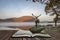 Stunning powerful red deer stag looks out across lake towards mo