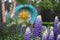 Stunning purple / blue lupins in foreground of award winning garden at Chelsea Flower Show, London UK