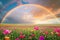 A stunning rainbow stretches across the sky, forming an arch over a picturesque field of colorful flowers, A brilliant rainbow