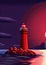 A Stunning Red Lighthouse on a Rocky Cliff in a Coastal Night Scene with a Full Moon - Illustration.