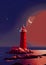 A Stunning Red Lighthouse on Rocky Cliff in Full Moon Coastal Night Scene - Illustration