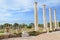 Stunning ruins of ancient city Salamis, Northern Cyprus with blue sky above. Salamis was a Greek city-state.