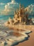 A stunning sandcastle with multiple towers captures the morning light against a backdrop of surf waves and a bright blue