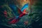 Stunning Scarlet Macaw flying in lush jungle