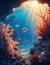 A stunning seascape of vibrant coral and sea life, illuminated by a brilliant sunbeam.