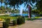 Stunning shot of the deep blue lake water, the lush green plants in the middle of the lake, palm trees and people on the water