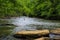 A stunning shot of the rushing river water of Big Creek river with lush green trees and large rocks on the banks