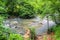 A stunning shot of the rushing river water of Big Creek river with lush green trees and large rocks on the banks