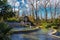 A stunning shot of the waterfall goddess surrounded by lush green trees and plants, bare winter trees with pond and blue sky