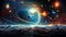 Stunning space sci-fi landscape with planets and moons in vibrant, star galaxy with swirling cosmic dust and space
