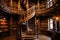 A stunning spiral staircase surrounded by bookshelves in a well-stocked library, An old library with wooden bookshelves and a