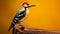 Stunning Studio Portraiture Of Woodpecker Pecking On Brown Wooden Stump