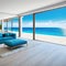 A stunning summer beach house features an sizable living room with a view of the sea and a pool next to the Large white