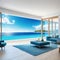 A stunning summer beach house features an sizable living room with a view of the sea and a pool next to the Large white