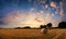 Stunning Summer sunset landscape over feild of hay bales