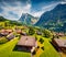 Stunning summer view from flying drone of Grindelwald village.