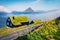 Stunning summer view of Velbastadur village with typical turf-top houses. Picturesque morning scene of Streymoy island, Faroe, Kin